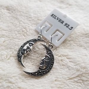 Silver 92.5% Marcasite Moon face Drop Earrings